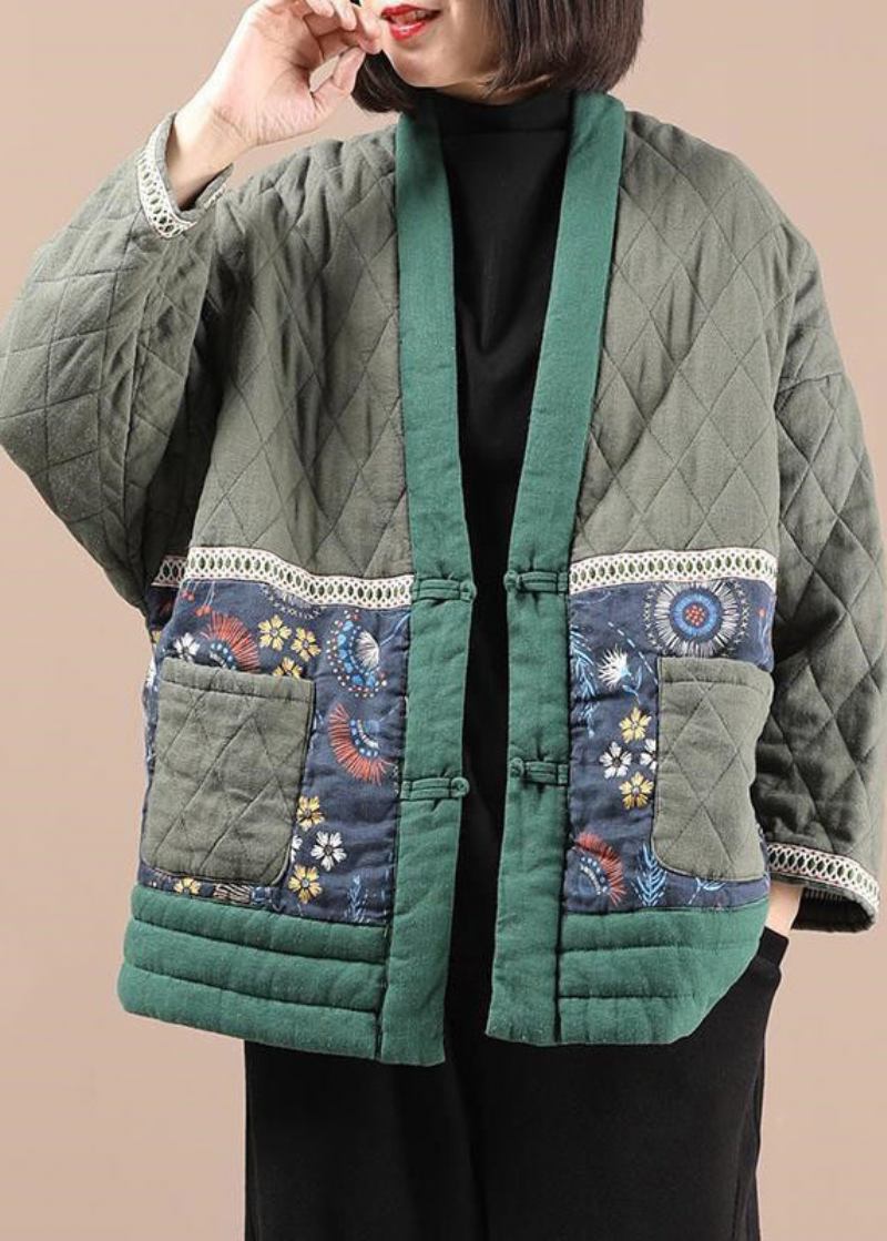 Vintage Grüne V-ausschnitt Taschen Feine Baumwollgefüllte Jacke Winter - Damen-Daunenjacken