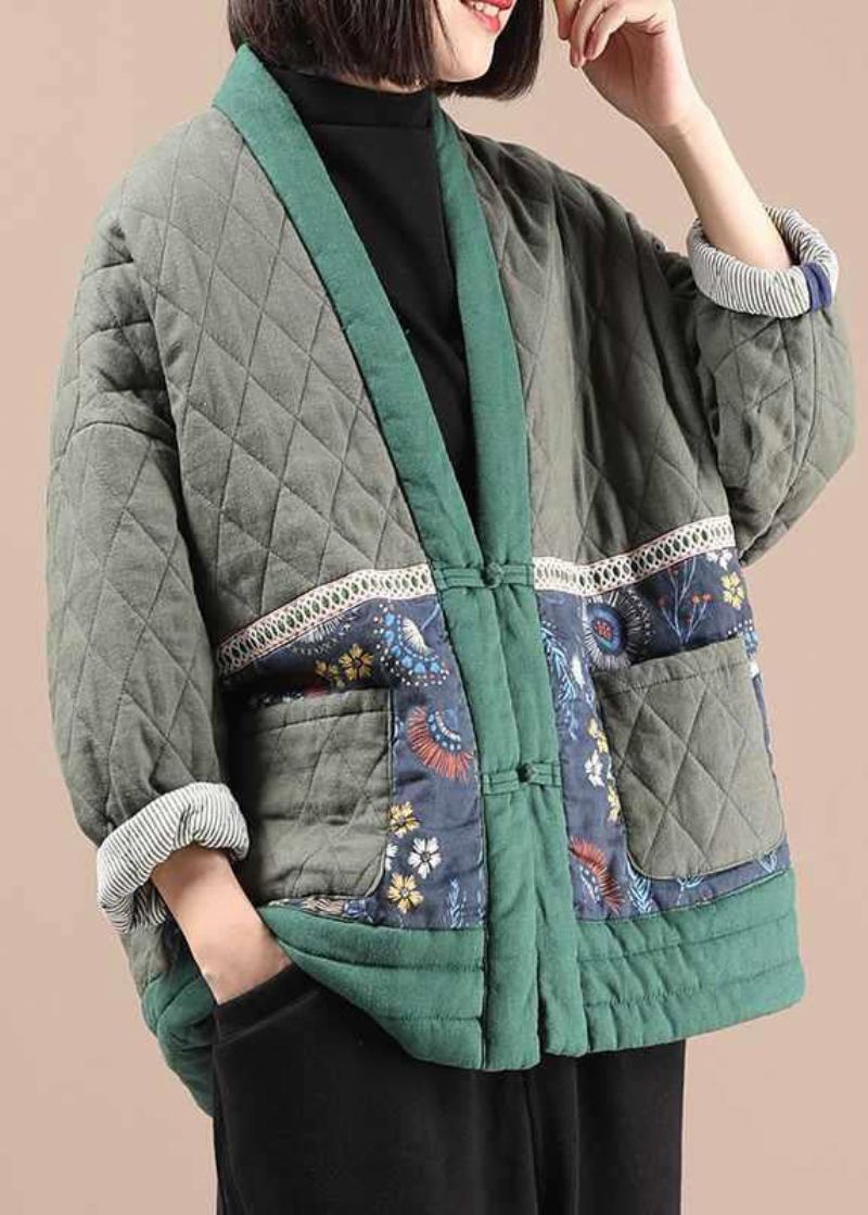 Vintage Grüne V-ausschnitt Taschen Feine Baumwollgefüllte Jacke Winter - Damen-Daunenjacken