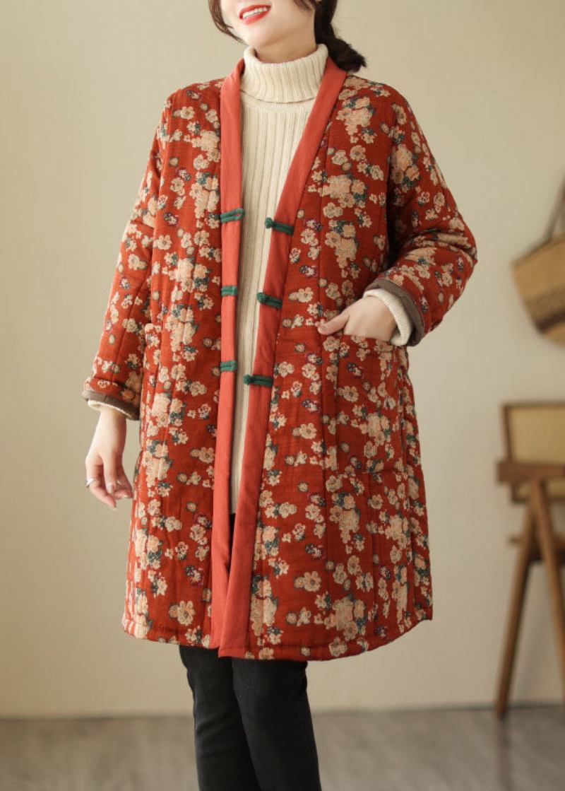 Vintage Rot V-ausschnitt Print Dicker Parka Winter - Rot