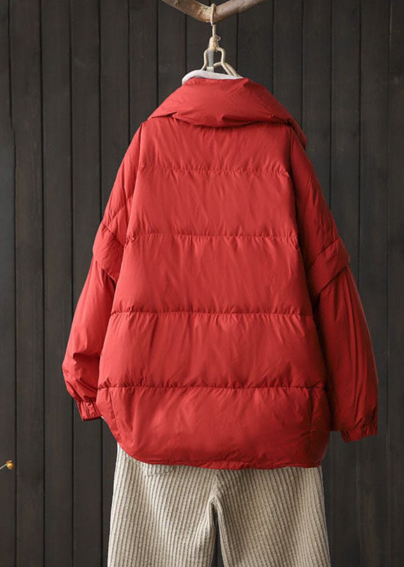 Vintage Schwarzer Wintermantel Mit Geraffter Entendaunenjacke - Rot