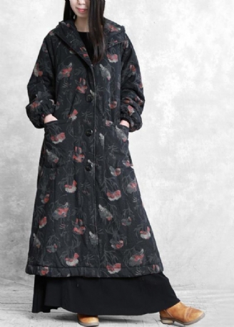 Vintage-trenchcoat In Übergröße Dunkelgrauer Aufdruck Mit Kapuze Und Button-down-wollmantel