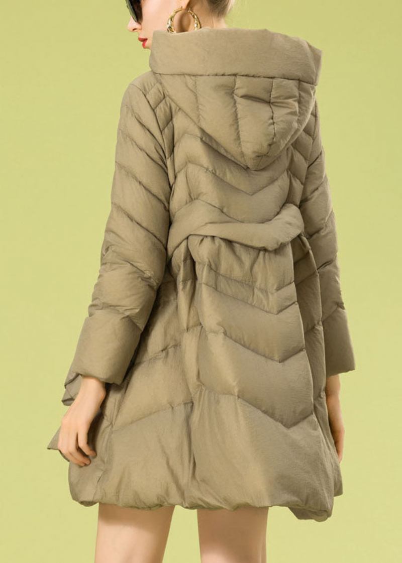 Vintage-wintermantel Aus Entendaunen In Khaki Mit Kapuze Und Reißverschluss Und Schleife - Damen-Daunenjacken