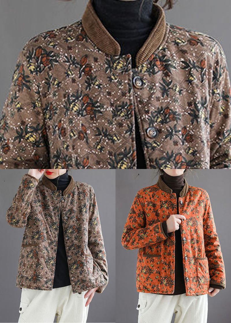 Warm Gefütterte Steppjacke Aus Fleece Mit Schokoladen-print Und Stehkragen Für Den Winter - Kaffee