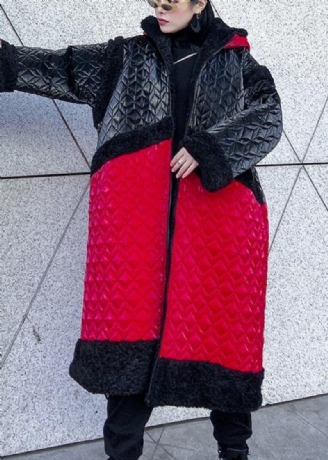 Warme Daunenjacke In Übergröße Mit Kapuze Rot Patchwork Lässiges Outfit