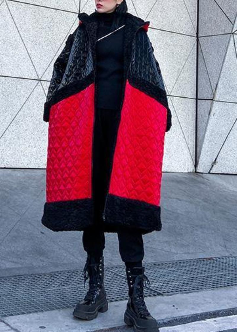 Warme Daunenjacke In Übergröße Mit Kapuze Rot Patchwork Lässiges Outfit - Damen-Daunenjacken