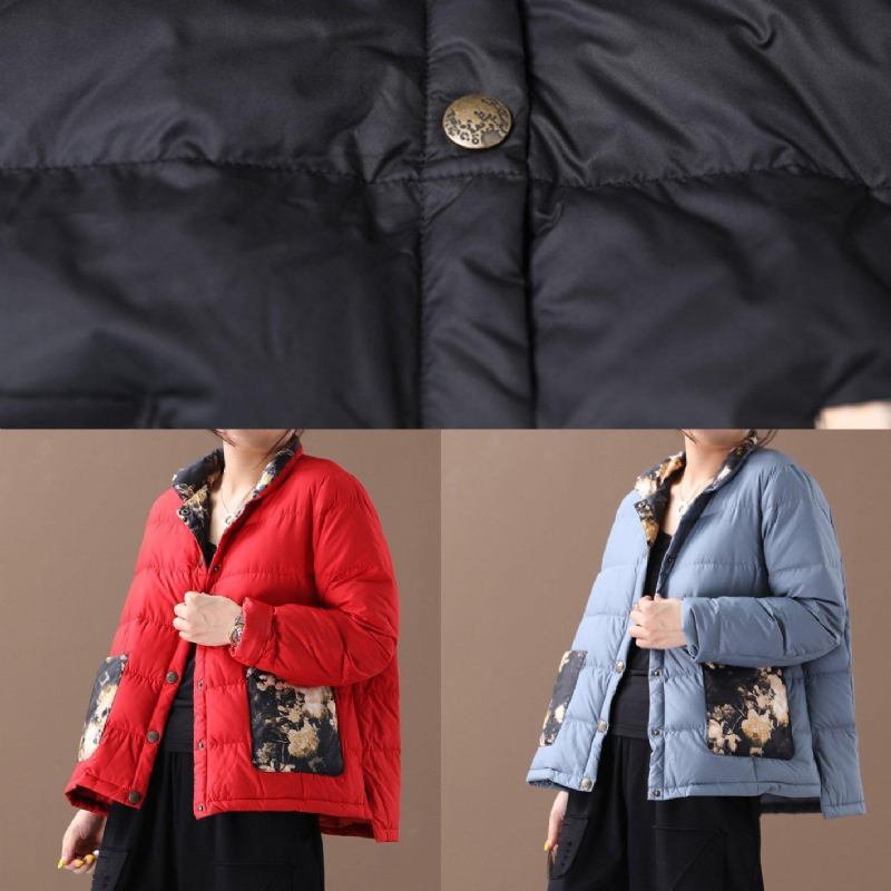 Warme Parka-mäntel Für Damen Schwarzer Patchwork-druck Stehkragen Taschen Warmer Wintermantel - Damen-Daunenjacken