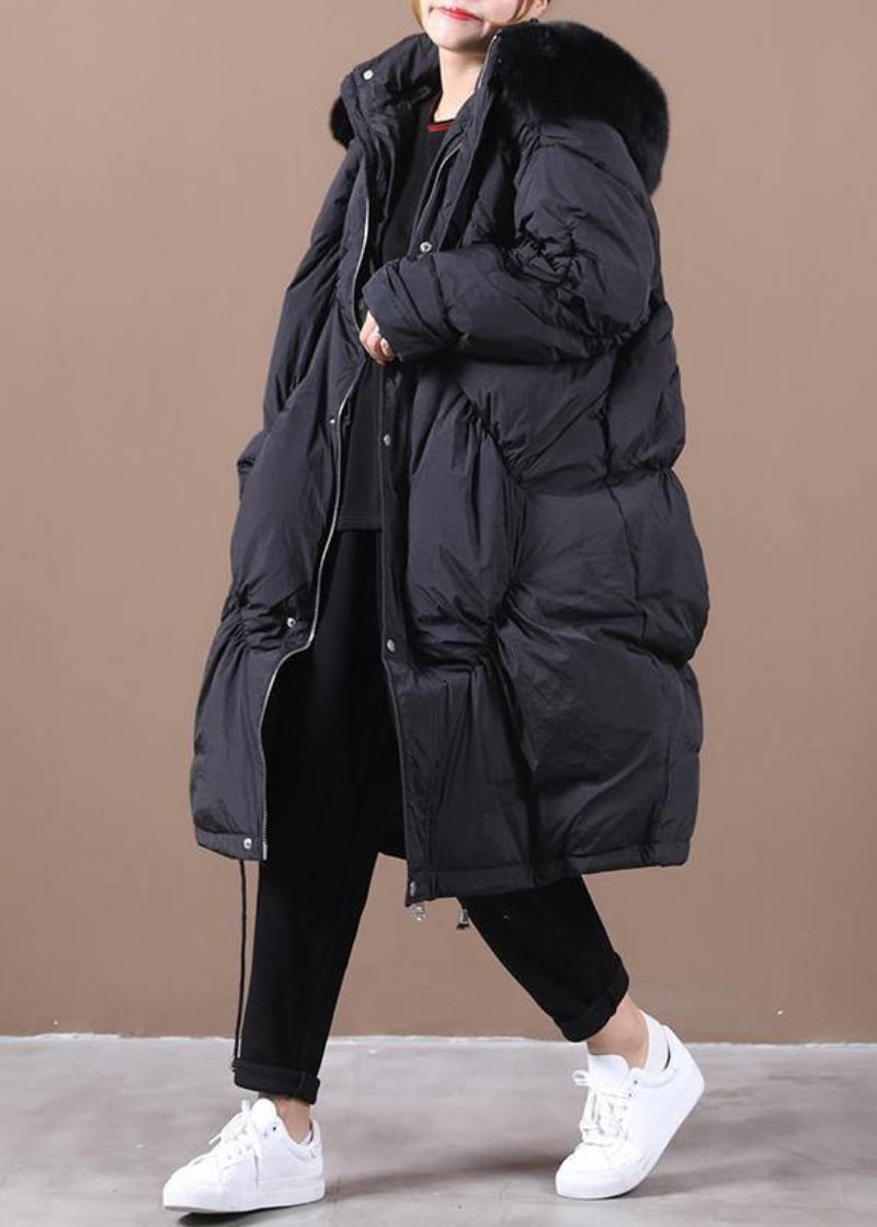 Warme Schwarze Daunenjacke Für Damen Trendige Winter-daunenjacke In Übergröße Mit Kapuze Und Taillenbund Luxuriöse Oberbekleidung