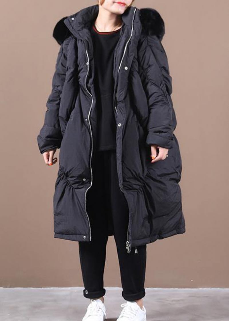 Warme Schwarze Daunenjacke Für Damen Trendige Winter-daunenjacke In Übergröße Mit Kapuze Und Taillenbund Luxuriöse Oberbekleidung - schwarz