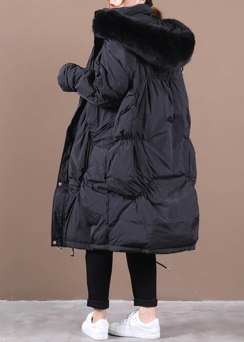 Warme Schwarze Daunenjacke Für Damen Trendige Winter-daunenjacke In Übergröße Mit Kapuze Und Taillenbund Luxuriöse Oberbekleidung - schwarz