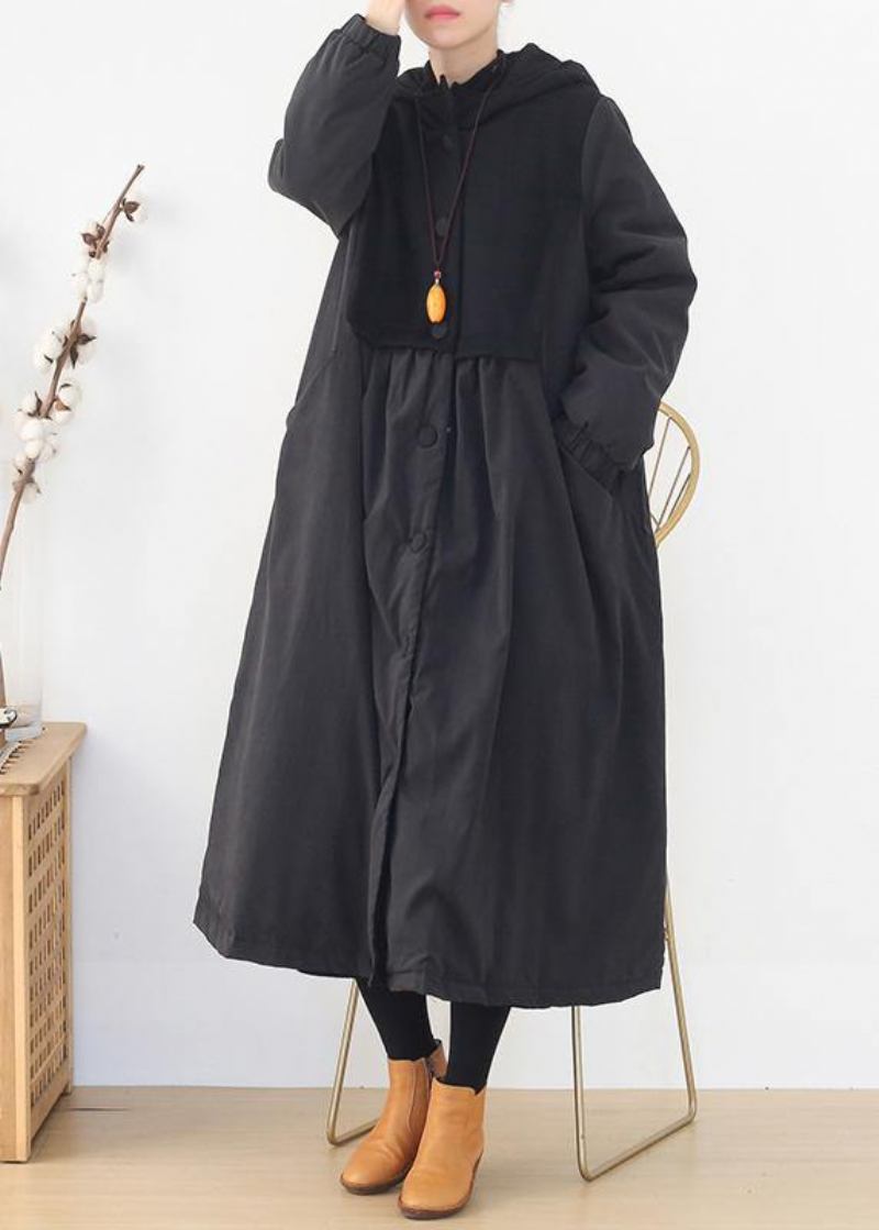 Warme Trendige Pufferjacken In Übergröße Schwarze Parkas Mit Kapuze Und Patchwork-muster Für Damen