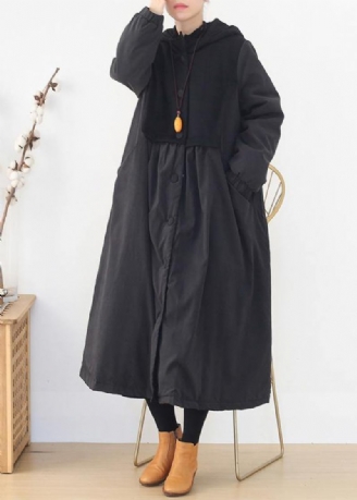 Warme Trendige Pufferjacken In Übergröße Schwarze Parkas Mit Kapuze Und Patchwork-muster Für Damen