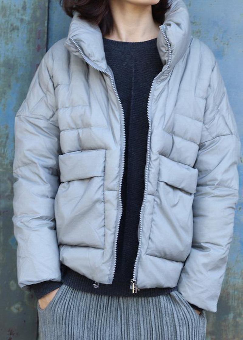 Warmer Grauer Mantel Übergröße Winterjacke Stehkragen Große Taschen Kurze Winteroberbekleidung