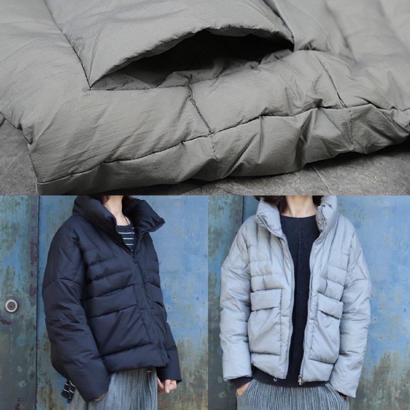 Warmer Grauer Mantel Übergröße Winterjacke Stehkragen Große Taschen Kurze Winteroberbekleidung - Damen-Daunenjacken