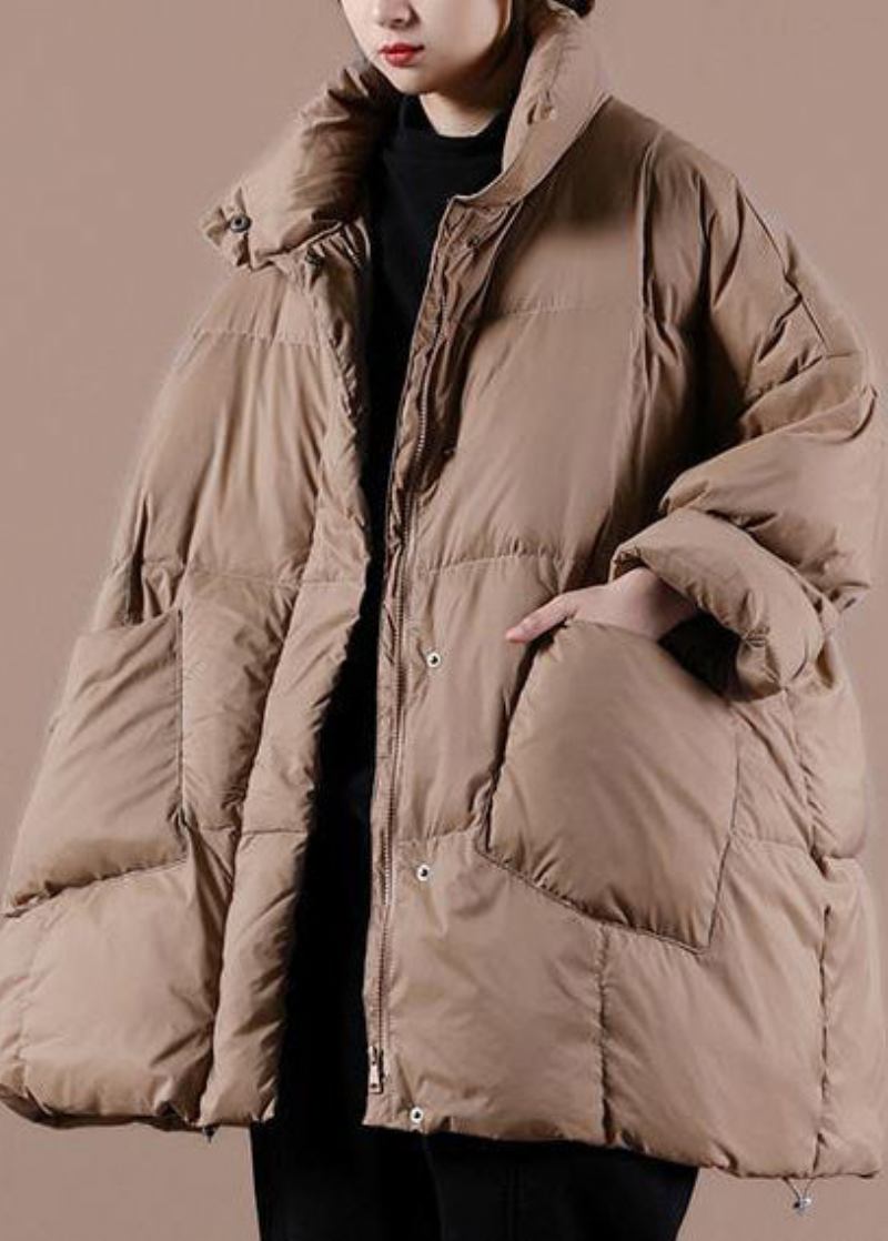 Warmer Schokoladenbrauner Daunenmantel Aus Gänsedaunen Locker Sitzende Winterjacke Mit Stehkragen Große Taschen Warme Oberbekleidung