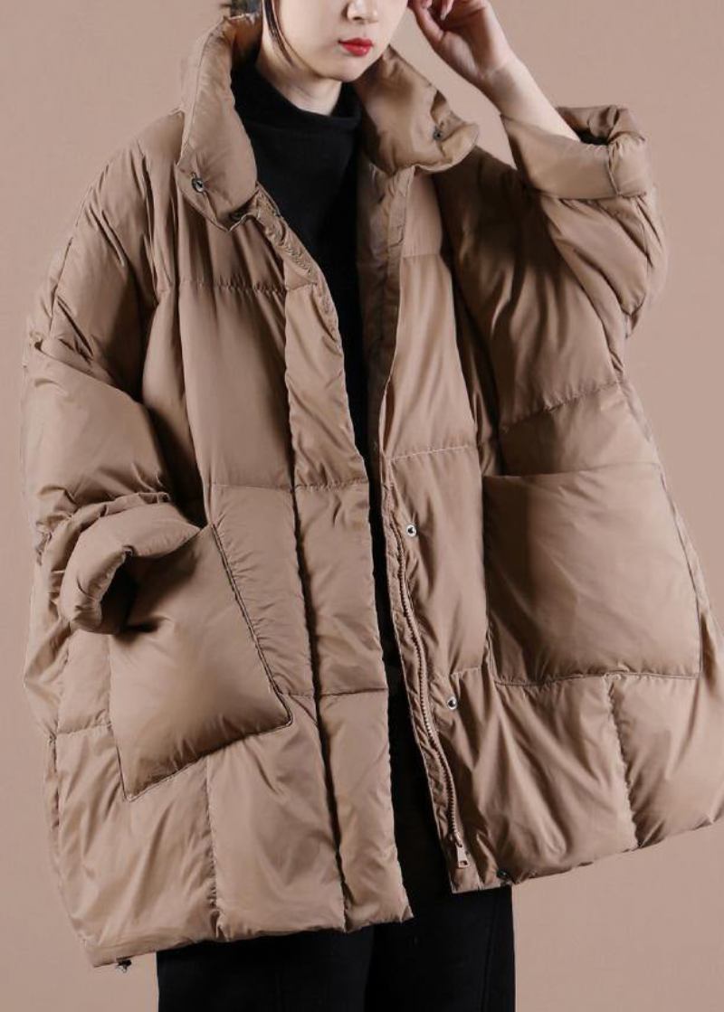 Warmer Schokoladenbrauner Daunenmantel Aus Gänsedaunen Locker Sitzende Winterjacke Mit Stehkragen Große Taschen Warme Oberbekleidung - schwarz