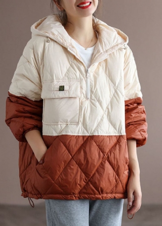 Winterjacke Aus Entendaunen Mit Orangefarbenem Patchwork Und Reißverschlusstaschen In Clubbeige