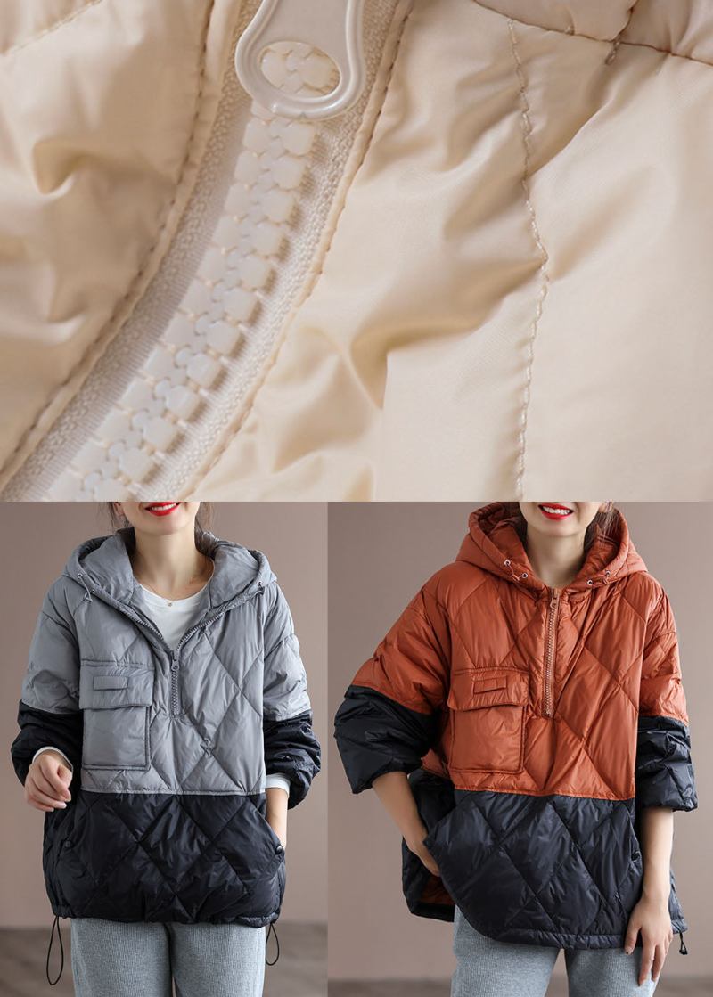 Winterjacke Aus Entendaunen Mit Orangefarbenem Patchwork Und Reißverschlusstaschen In Clubbeige - Orange