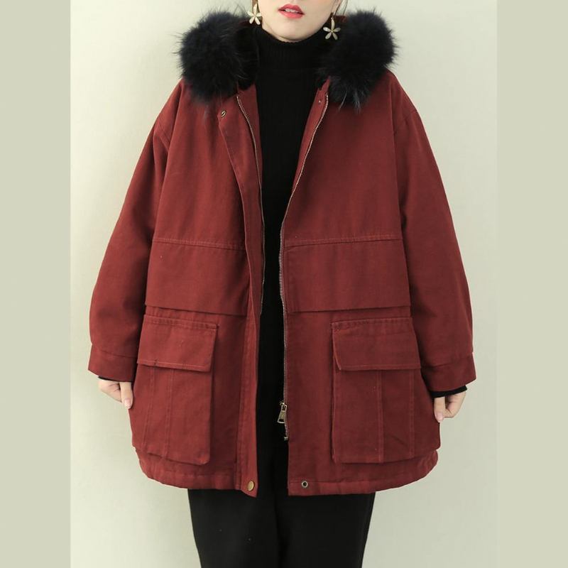 Winterjacke Und -mantel In Übergröße Für Damen Roter Mantel Mit Kapuze Und Kunstpelzkragen - schwarz