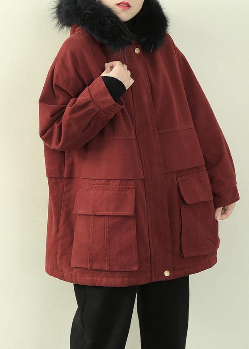 Winterjacke Und -mantel In Übergröße Für Damen Roter Mantel Mit Kapuze Und Kunstpelzkragen - schwarz