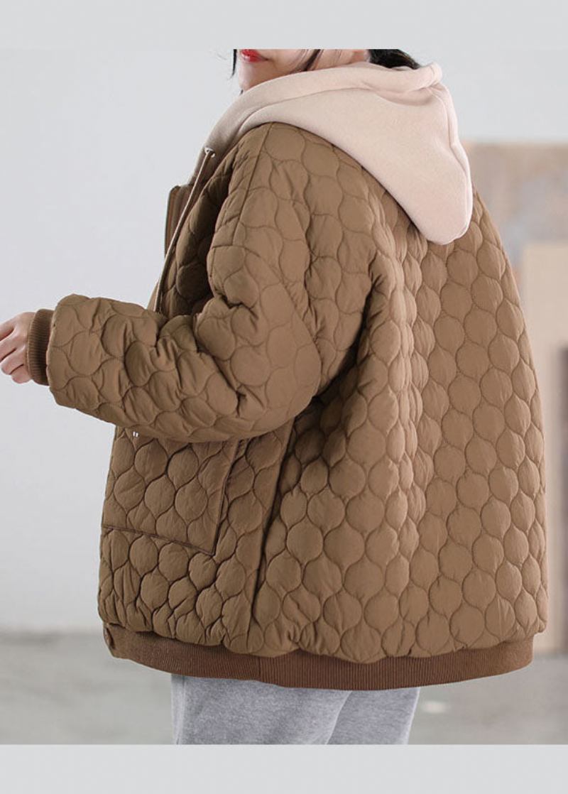 Wintermantel Aus Französischer Schokoladenbrauner Patchwork-kapuze Mit Feiner Baumwollfüllung - Damen-Daunenjacken