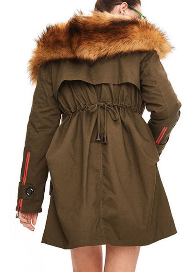 Wunderschöne Winterjacke Aus Entendaunen In Armeegrün Mit Kapuze Pelzkragen Quaste Und Kordelzug - Damen-Daunenjacken