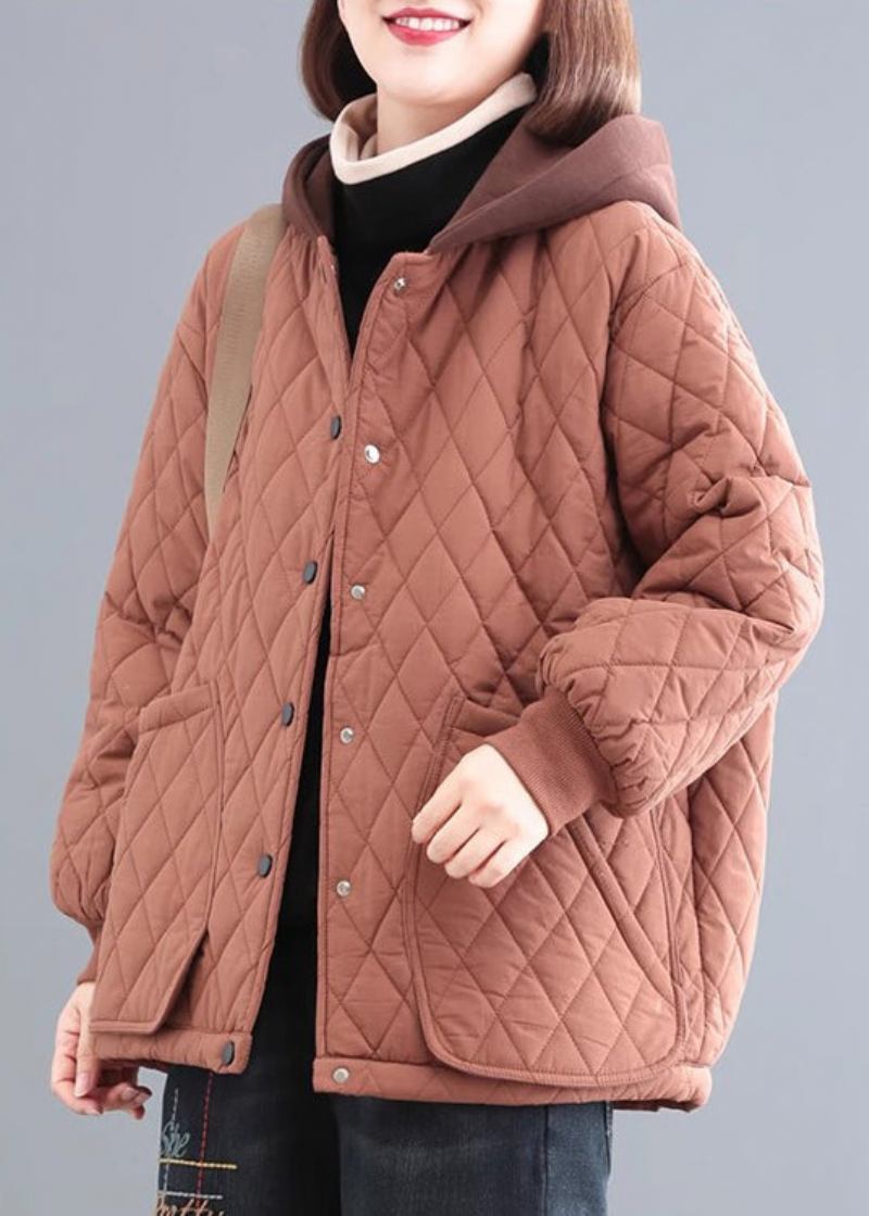 Ziegelrote Patchwork-winterjacke Aus Feiner Bio-baumwolle Mit Kapuze - Damen-Daunenjacken