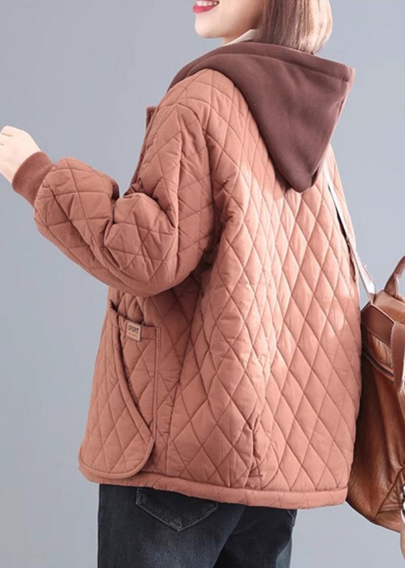 Ziegelrote Patchwork-winterjacke Aus Feiner Bio-baumwolle Mit Kapuze - Damen-Daunenjacken