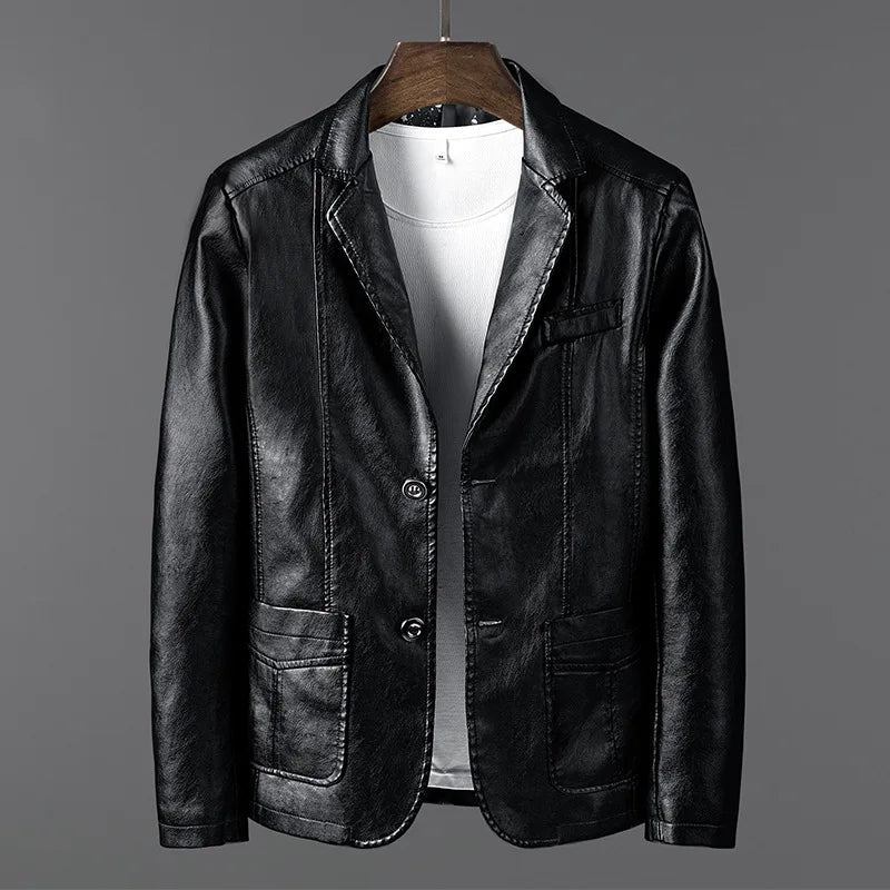 Herbst Und Winter Leder Herren Trendig Gutaussehender Schmaler Blazer Business-mantel Freizeit Motorrad Lederblazer - Schwarz