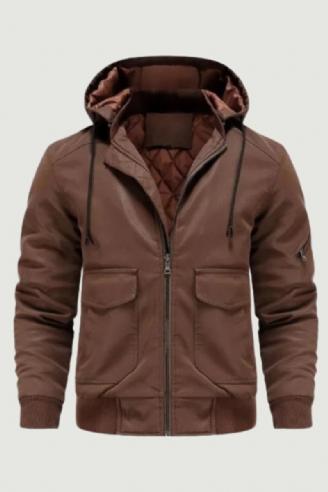 Herren Motorradjacke Mit Kapuze Lässiger Winter Winddichter Ledermantel Herrenbekleidung