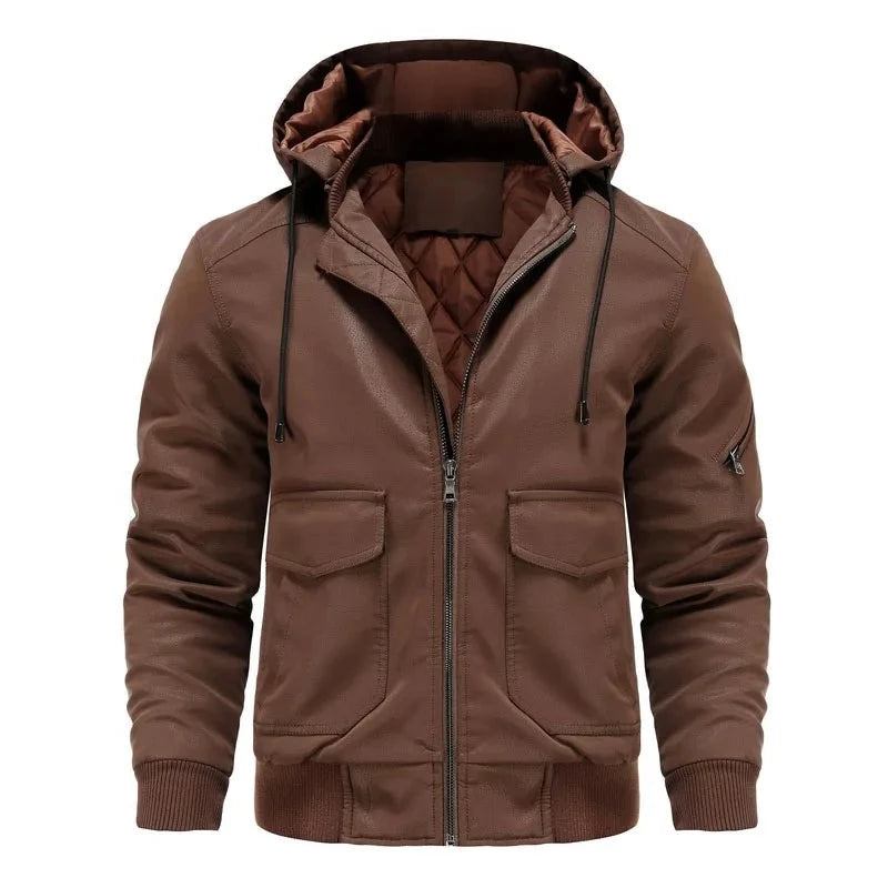 Herren Motorradjacke Mit Kapuze Lässiger Winter Winddichter Ledermantel Herrenbekleidung - Schwarz