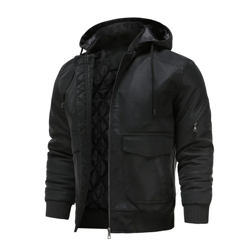 Herren Motorradjacke Mit Kapuze Lässiger Winter Winddichter Ledermantel Herrenbekleidung - Schwarz