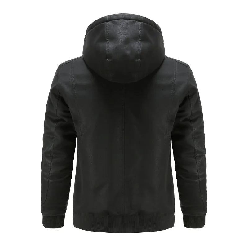 Herren Motorradjacke Mit Kapuze Lässiger Winter Winddichter Ledermantel Herrenbekleidung - Schwarz