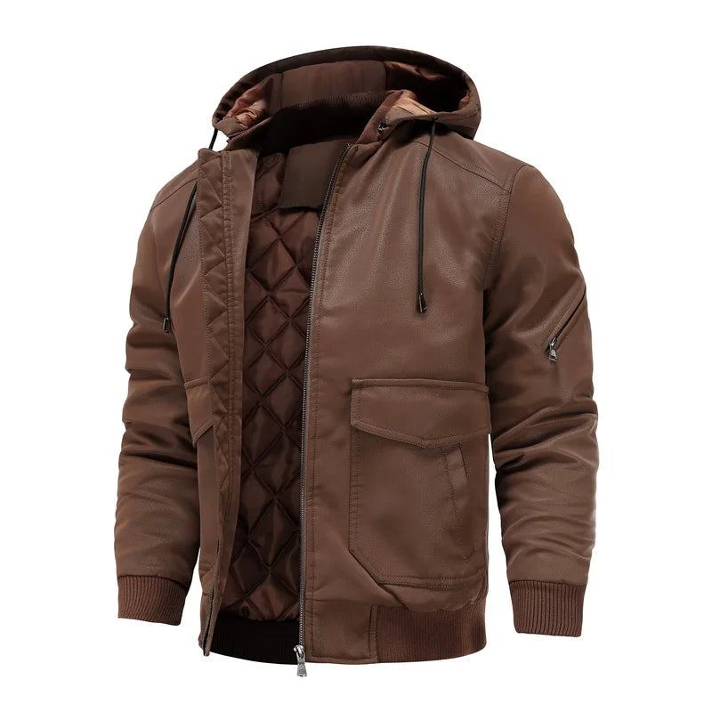 Herren Motorradjacke Mit Kapuze Lässiger Winter Winddichter Ledermantel Herrenbekleidung - Schwarz