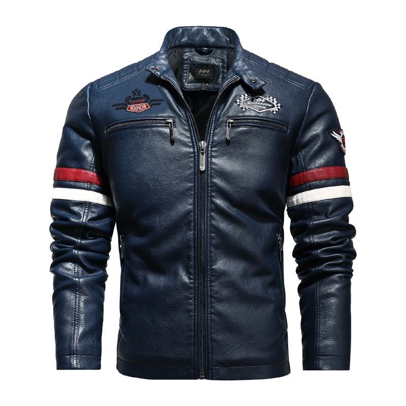 Herrenlederjacke Bestickte Nähte Motorradjacke Für Herren Herbst-winter Dünne Streetwear-mäntel Für - Marineblau