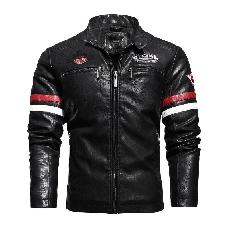 Herrenlederjacke Bestickte Nähte Motorradjacke Für Herren Herbst-winter Dünne Streetwear-mäntel Für - Marineblau