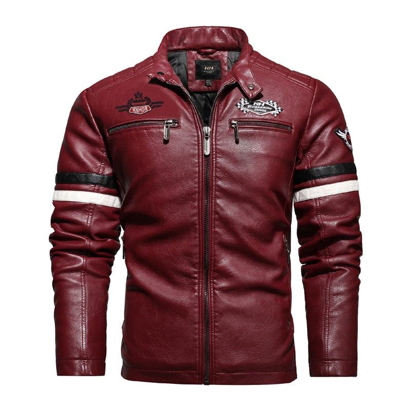 Herrenlederjacke Bestickte Nähte Motorradjacke Für Herren Herbst-winter Dünne Streetwear-mäntel Für - Marineblau