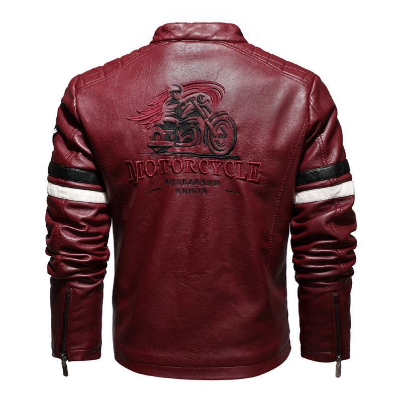 Herrenlederjacke Bestickte Nähte Motorradjacke Für Herren Herbst-winter Dünne Streetwear-mäntel Für - Marineblau