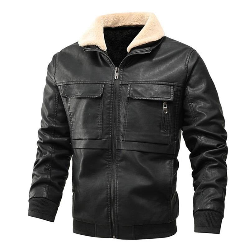 Herrenlederjacke Winter-fleece-kragen Windbreaker Ledermäntel Herren Slim Fit Kunstleder-motorradjacken Kleidung - Schwarz