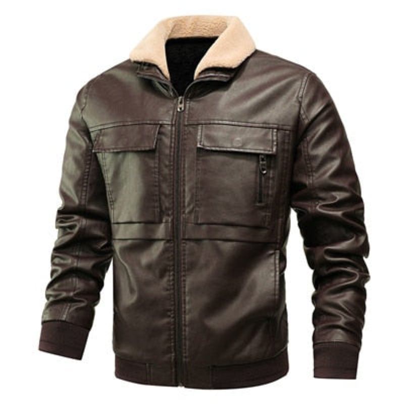 Herrenlederjacke Winter-fleece-kragen Windbreaker Ledermäntel Herren Slim Fit Kunstleder-motorradjacken Kleidung - Schwarz