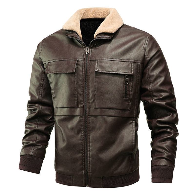 Herrenlederjacke Winter-fleece-kragen Windbreaker Ledermäntel Herren Slim Fit Kunstleder-motorradjacken Kleidung - Schwarz