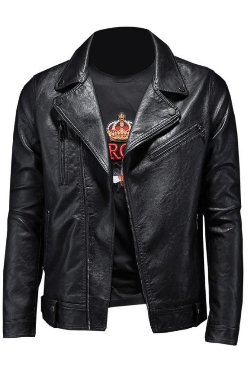 Klassische Schmale Motorradjacken Herrenlederjacke Moto-jacke Herren Biker Schwarz Weißer Mantel Herbst-winter