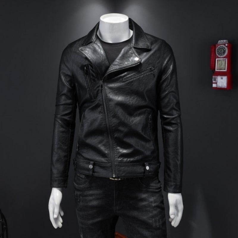 Klassische Schmale Motorradjacken Herrenlederjacke Moto-jacke Herren Biker Schwarz Weißer Mantel Herbst-winter - Weiß