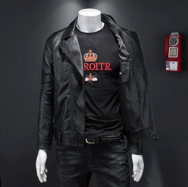 Klassische Schmale Motorradjacken Herrenlederjacke Moto-jacke Herren Biker Schwarz Weißer Mantel Herbst-winter - Weiß