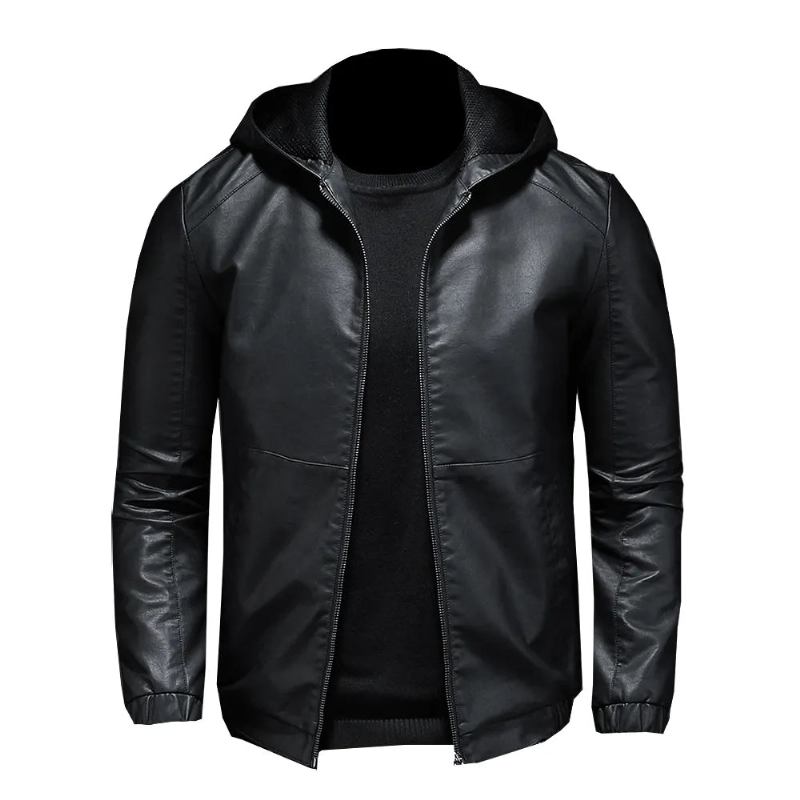 Lässige Motorradjacke Herren Winter Herbst Lederjacken Schmale Warme Oberbekleidung Mit Kapuze Fleece-kleidung - schwarz