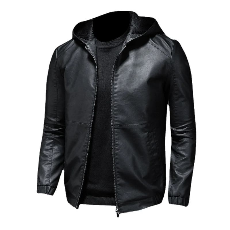 Lässige Motorradjacke Herren Winter Herbst Lederjacken Schmale Warme Oberbekleidung Mit Kapuze Fleece-kleidung - schwarz