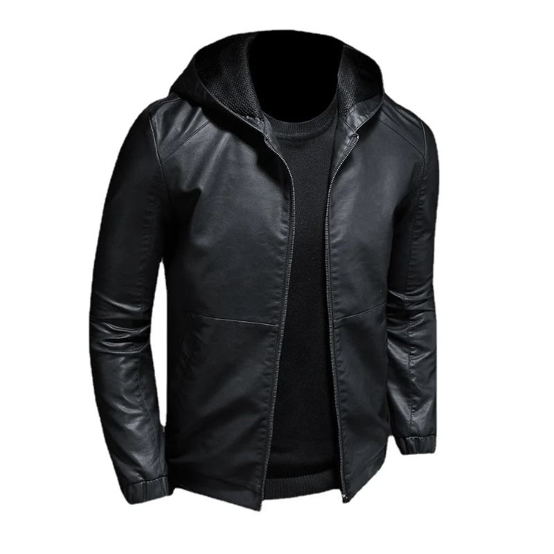 Lässige Motorradjacke Herren Winter Herbst Lederjacken Schmale Warme Oberbekleidung Mit Kapuze Fleece-kleidung - schwarz