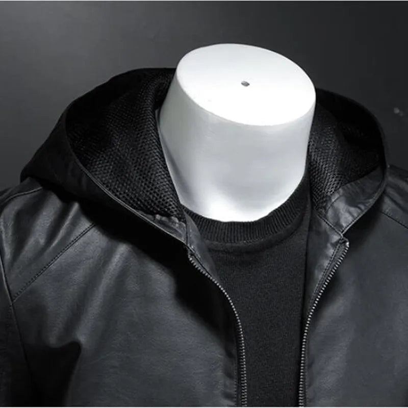 Lässige Motorradjacke Herren Winter Herbst Lederjacken Schmale Warme Oberbekleidung Mit Kapuze Fleece-kleidung - schwarz