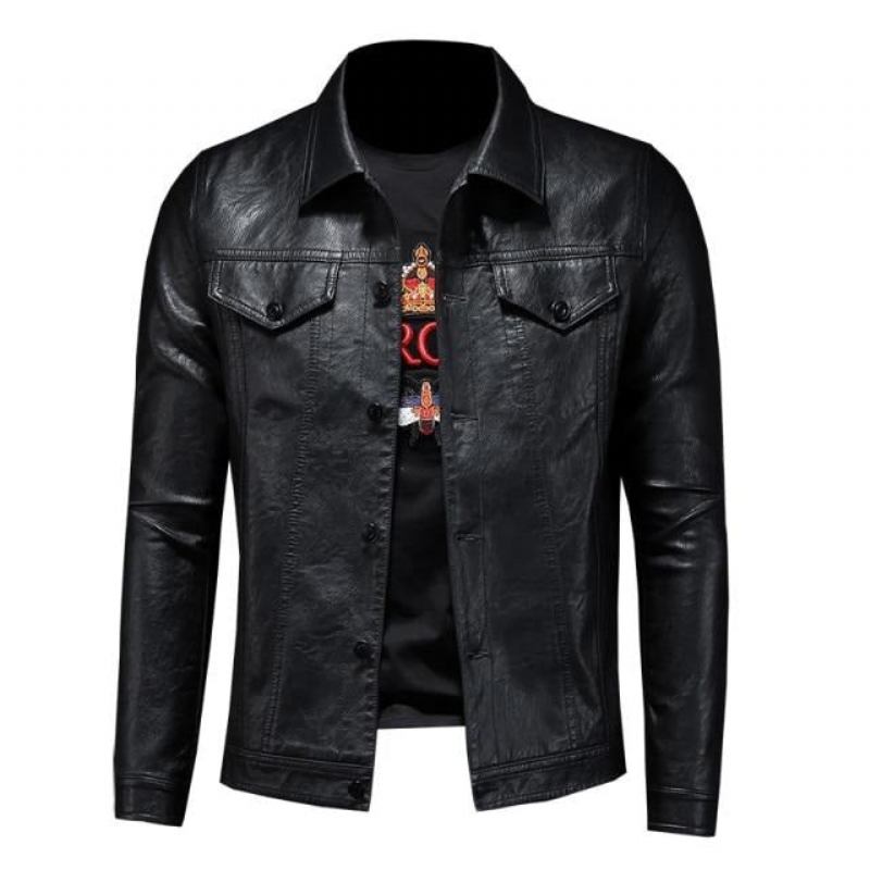 Neue Lederjacke Für Herren Winter-lederjacke Biker-motorrad Reißverschluss Langärmeliger Mantel Top Blusen - Schwarz