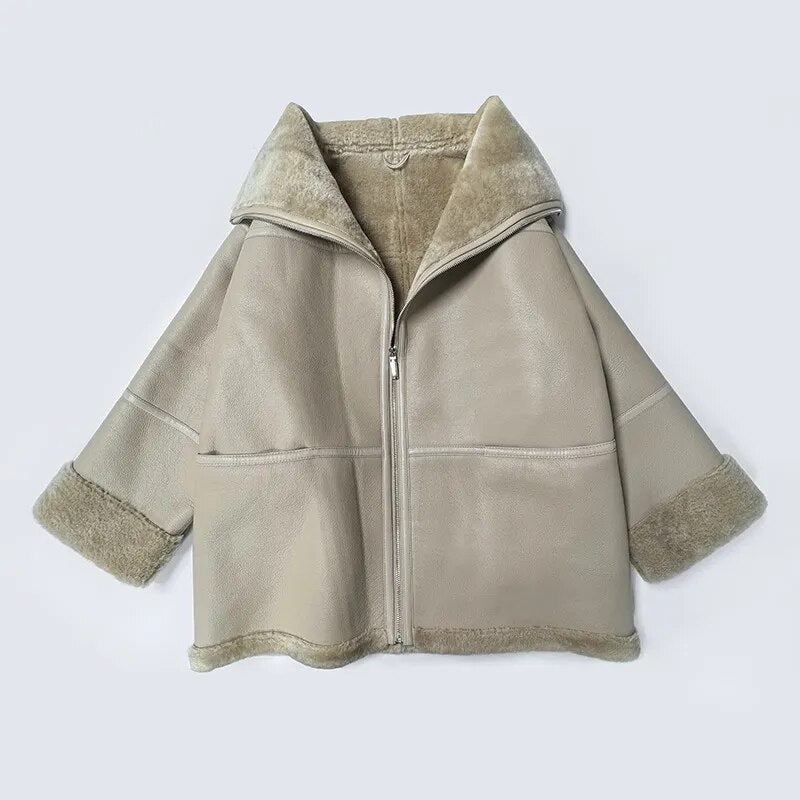 Schlanke Kurze Lammfelljacke Für Herren Winter Warm Dick Echtes Fell Mäntel - Khaki