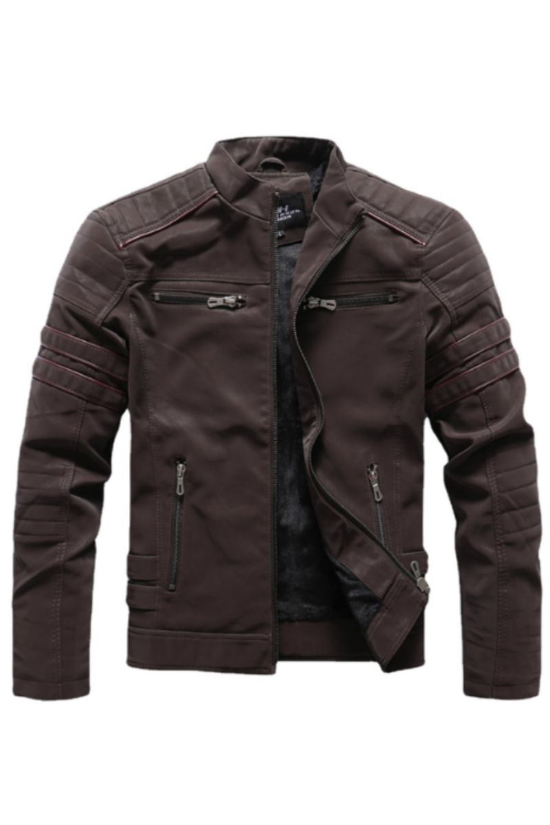 Winter Dünne Kurze Lederjacke Für Herren Motorradjacke Slim Fit Luxuriös Klassisch Schlicht Stehkragenmantel